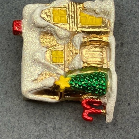 Christmas Pin Brooch House As Is Gold White Snow Green Tree Red Candy Canes - Picture 5 of 9